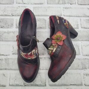 NWOB CrazyCatZ Bohemian Leather Floral Embossed Leather Pump Hippie  39 EU 8 US